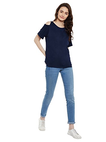 Image of Miss Chase Women's Black Cold Shoulder Round Neck Short Sleeved Solid Top