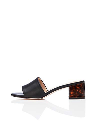 Marca Amazon - find. Block Heel Mule Sandalias con Punta Abierta, Negro Black/Tortoise, 36 EU