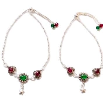 Elegant Green & Ruby Stone Adjustable Anklet Pair with Star Charm-image-44