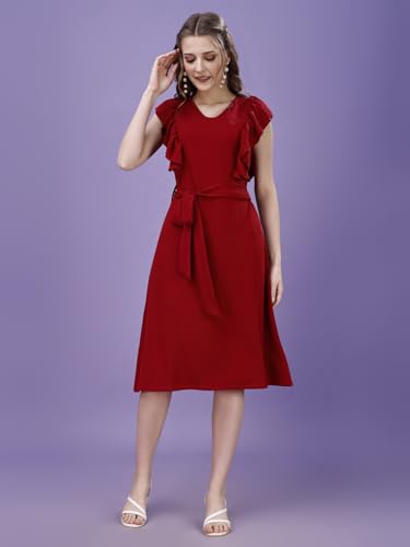 Image of Women's Striped Front Ruffle Trim Belted A-Line Midi Dress Maroon