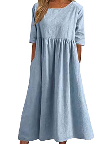 Onsoyours Damen Sommerkleid Leinenkleider Casual Rundhalsausschnitt Kurzarm Midi Kleid Lange Tunika Bluse Kleider Sommer A Hellblau M