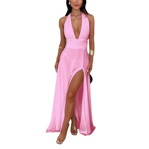 Image of ANKOMINA Women's Sexy V Neck Halter Backless Maxi Dress Ruched High Split Long Bodycon Dresses for Party Cocktail Evening