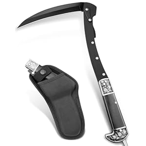 VALHALLA Folding Sickle, Black Sharp Folding Scythe with 2 Sections, Hand Sickle Knife Wooden Handle, Portable Safety Sickle Knife with Sheath
