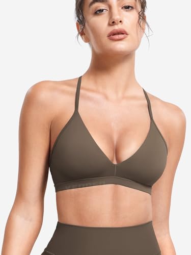 Image of YEOREO CoreFlex Sports Bras for Women Strappy Padded Halter Open Back Light Impact Deep V Neck Yoga Workout Gym Tops