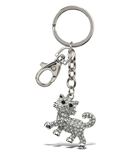Aqua79 Cute Cat Keychain - Silver 3D Sparkling Charm Rhinestones Fashionable Stylish Metal Alloy Durable Key Ring Bling Crystal Jewelry Accessory With Clasp #TOP10