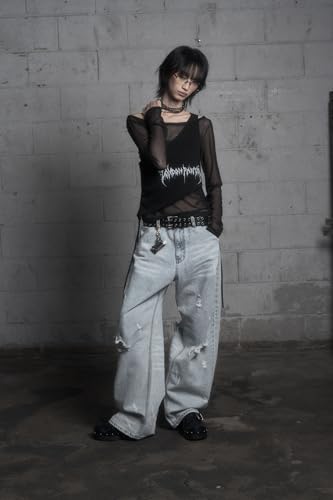 London PARFUMS Archive Hard Damage Washed Curved Jeans, Light Blue, Low-Rise Vintage Denim with Distressed Details4