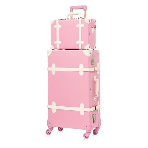 Image of UNIWALKER Vintage Suitcase Set for Women, 2 Piece Retro Spinner Trunk Luggage with Cosmetic Handbag, 24 inch+12 inch, Rose Pink