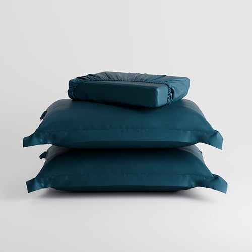 Image of Stoa Paris 350TC Luxstre Cotton Super King Fitted Bedding Set with 2 Pillow Covers, All-Around Elastic Fitted Bedsheet 183cm x 213cm + 30cm Drop, All Season Comfort, Breathable, Panache - Teal