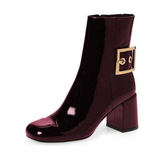 Zszszsu Women's Fashion Block Ankle Boots Square Cap Toe Mid Heel Short Booties with Buckle Ankle Strap Side Zip Dress Party Fall Shoes Size 4-16 US