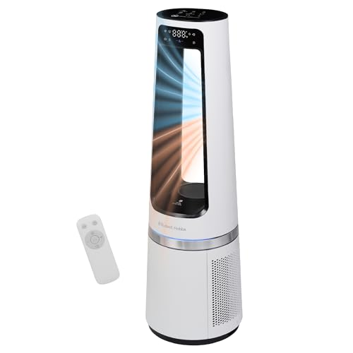 Russell Hobbs Quiet Bladeless Tower Fan & Heater with Remote Control Touch Control 85cm Tall 12 Speed Settings 12 Hour Adjustable Timer Oscillating 2kW White 2 Year Guarantee RHBLDL25W