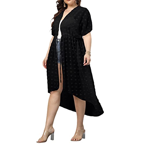 Cardigã feminino Plus Size Cover Ups longo bordado pontos malha transparente manga curta transparent