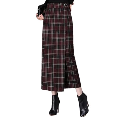 Women's Plaid Woolen Mini Skirt High Waist Thickened A- Line with Back Split Polyester Fiber Skirts