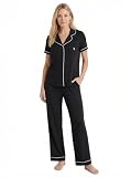 U.S. POLO ASSN. Womens Pajama Sets 2 Piece Button Down Short Sleeve Top & Long Pants with Pockets (Black, Large)