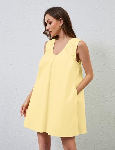 Image of MISSACTIVER Women's Sleeveless Babydoll Tank Mini Dress Scoop Neck Ruched Short Dress with Side Pockets Summer Party Dresses Yellow