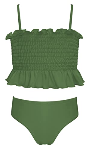 SHEKINI Niñas Bikini De 2 Piezas con Volantes Bandeau Trajes De BañO Estampado De Flores Bikini De Playa Cintura Baja Bikini Fondos Lindos Trajes De BañO（10/12 años，Verde Oscuro）