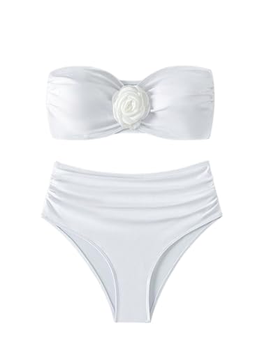 OYOANGLE Women's 3D Flower Ruched Strapless Bandeau Swimsuit Two Piece Mid Rise Bathing Suits