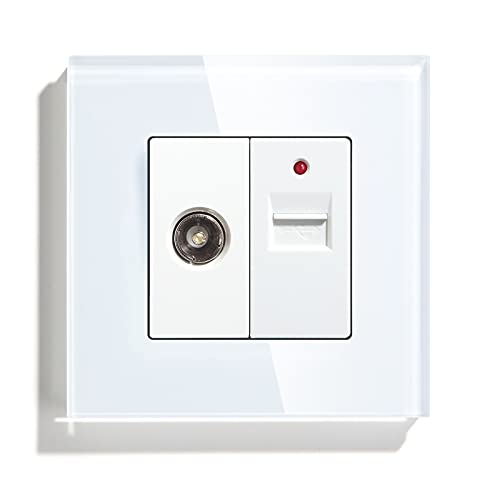 BSEED TV+USB Glass Panel Single TV Aerial Coaxial Wall Socket and Single USB Charging Power Outlet White