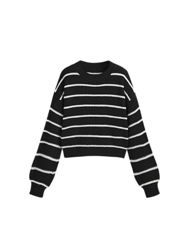 Image of CIDER Women's Cropped Striped Sweater Long Sleeve Crew Neck Trendy Pullover Tops