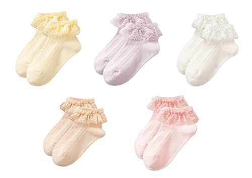 Image of Gwenvenni Toddler Girls Ruffle Lace Trim Cotton Socks Eyelet Frilly Dress Socks 5 -Pack