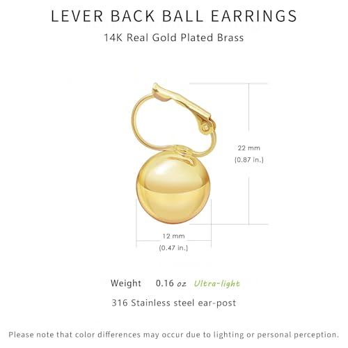 14K Gold Plated Ball Drop Earrings, Hypoallergenic Lightweight Leverback Earrings, Gift for Mom Wife Her by Febsky2