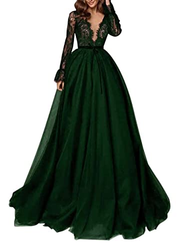 WORDSKEI Long Sleeve Prom Dress V-Neck Laces Tulle Wedding Dresses A Line Formal Evening Gowns4