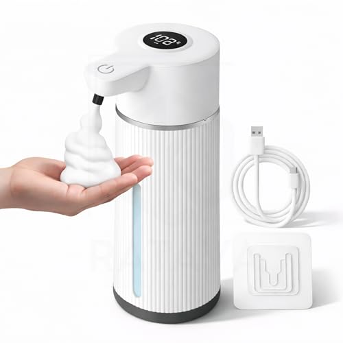 Image of 450ML Automatic Touchless Foam Dispenser, Rechargeable Sensor Foaming Dispenser with Digital Display, 4-Speed Adjustable Foam Control, Electric Auto Dispenser for Bathroom & Kitchen (White)