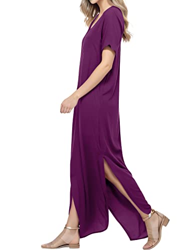 Image of Match Women's V-Neck Casual Loose Short Sleeve Long T-Shirt Dress Split Maxi Dress with Side Pocket