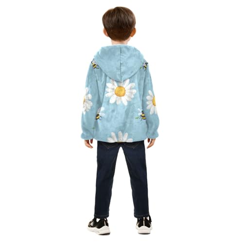 Daisy Flower and Bee on Blue Girls Fleece Jacket Girls Fall Jacket Girls Zip Up Hoodie Girls Sherpa Jacket 2-10T4