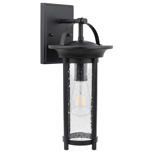 Image of Design House 588459 Chapel Ridge 1-Light LED Indoor /Outdoor Dimmable Wall Light with Clear Seedy Glass Shade for Porch Entryway Patio Garage, Black