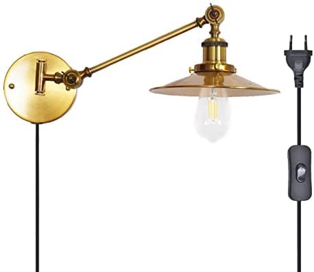 Apliques de luz de pared dorados de brazo largo vintage con brazo oscilante giratorio industrial loft retro con interruptor y cable E27 enchufe E27 lámpara de pared para dormitorio, estudio, lámpara
