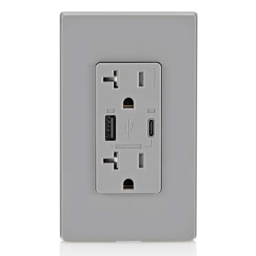 Image of Leviton T5834-G 60W (20V@2.5A+ 5V@2A) USB Dual Type A /Type-C Power Delivery in-Wall Charger with 20A Tamper-Resistant Outlet, USB Charger for Smartphones, Tablets, Laptops, Gray