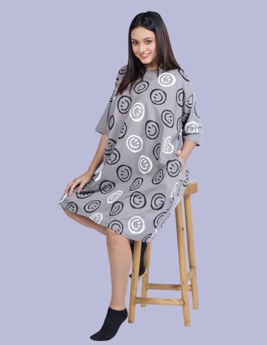 Image of LAMA STORE Women's Printed Oversized T-Shirt Dress, Cotton, 3 /4 Sleeve Length, Casual Loose Fit, Comfort Wear Extra Comfy Oversized Printed Pocket T-Shirt Dress