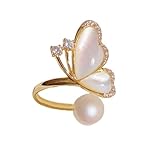 Delicado anillo de perlas de mariposa para mujer, chapado en oro, delicado y elegante circonita cúbica, perla de concha de mariposa, anillo ajustable brillante de pájaro volador, perla sintética