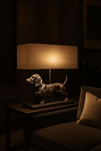 Tischlampe XXL Dackel Leuchte Hund 60cm Lampe Hundefigur Nachttischlampe Hundelampe cw195 Palazzo Exklusiv „VILLA CHARLY“ – Silber Dachshund mit Stoffschirm im englischen Stil