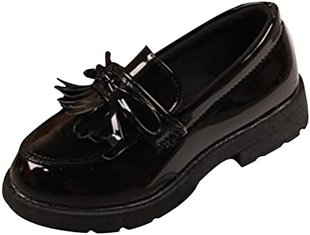 USYFAKGH Girls Patent Leather Slip-On Penny Loafers Flats Bow Tassel Oxfords Moccasins Dress Shoes Tennis Shoes for Girls Black, 6 Big Kid