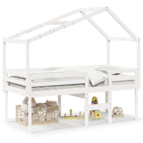 Homgoday Cama Alta con Techo Madera Maciza Pino Blanca 75x190 cm, Cama Infantil, Cama Alta, Litera Individual Tipo2