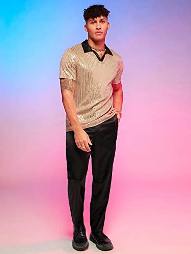 WDIRARA Men's Contrast Sequin Stand Collar Shirt Short Sleeve Party Polo Shirt Top