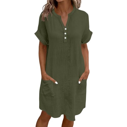 Muslin Kleid Damen,Sommer V-Ausschnitt Luftige Tunika Kleid Einfarbige mit Knöpfen Kurzarm Knielang Sommerkleid Damen Leicht und Luftig Freizeitkleid Boho Strandkleider A-Linie Shirtkleid Mit Taschen