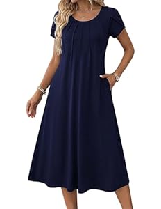 Zeagoo Sommerkleid Lang Kleid Damen Locker Midi Kleider Rundhalsausschnitt Freizeitkleid A Linie Tunika Kleid Navy Blau XL