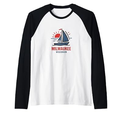 Milwaukee Wisconsin Sailboat Sunset Design Raglan Baseball Tee