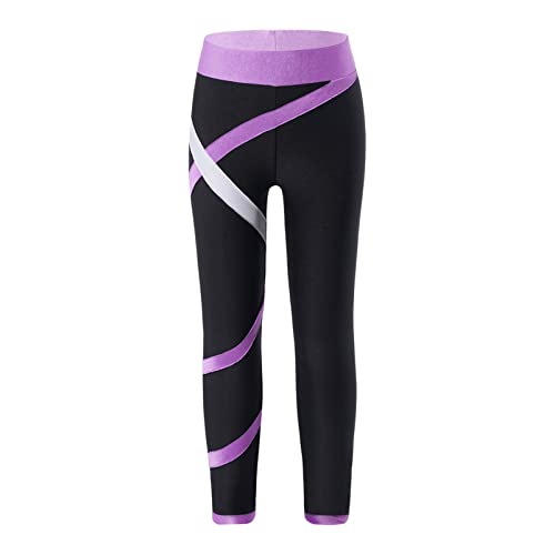 CHICTRY Enfant Fille Pantalon de Gymnastique Gym Rayé Pantalon de Patinage Moulant Leggings de Sport Fitness Yoga Pilates Ajusté Slim Fit Collant Bas Sportwear 6-16 Ans Violet 13-14 Ans Cover