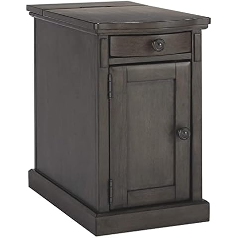 SIGNATURE DESIGN BY ASHLEY Laflorn Traditional Chair Side End Table with Pull-Out Storage Tray, 2 USB Slots and 3 Electrical Outlets, Gray Cover