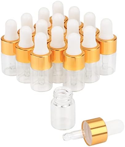 2ml(5/8 Dram) Small Mini 15 Pcs Clear Glass Dropper Bottles Essential Oil Vials Travel Refillable DIY Cosmetic Sample Container Liquid Perfume Eye Droppers Bottle (gold cap)