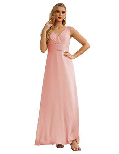 Baoleely V Neck Ruffled Bridesmaid Dresses Long Chiffon Prom Formal Party Gown Ballet Pink Size 0 at Amazon Women's Clothing store