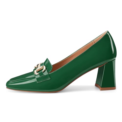 Image of Womens Mid Block Chunky Heeled Loafers Closed Square Toe Patent Leather Comfortable Slip On Pumps Metal Chain Basic Classic Casual Work Office Dress Shoes 2.8 Inches Heels
