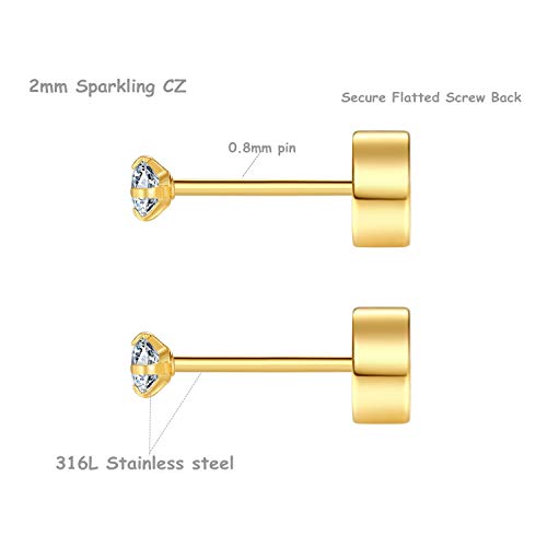8 Pairs Tiny Flat Back Earrings for Women Men 14K Gold Plated Surgical Stainless Steel Stud Earrings Hypoallergenic Cubic Zirconia Cartilage Earrings, 2mm 3mm 4mm2