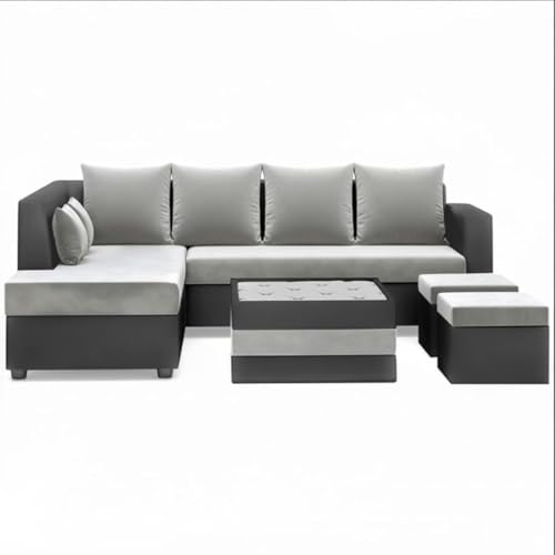 Image of CASASTYLE Stylify 8 Seater Fabric LHS L Shape Sofa Set with 1 Centre Table & 2 Ottoman (Light Grey-Dark Grey) 8 Person Seating with Premium Velvet Finish | Ideal for Living Room