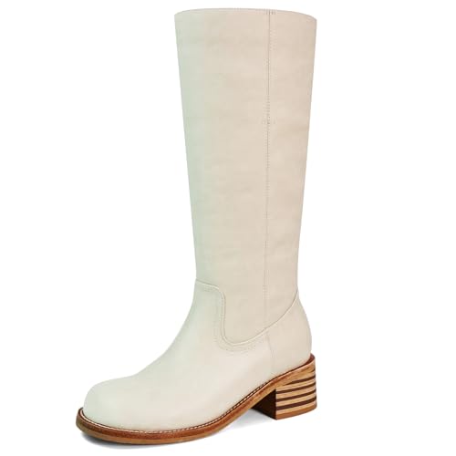 Best Designer Knee High Boots for Style & Comfort 13 VBDB Beige Knee High Boots for Women Square Toe Chunky Block Heel Long Boots Women’s Comfortable Low Heel Womens Shoes Size 8