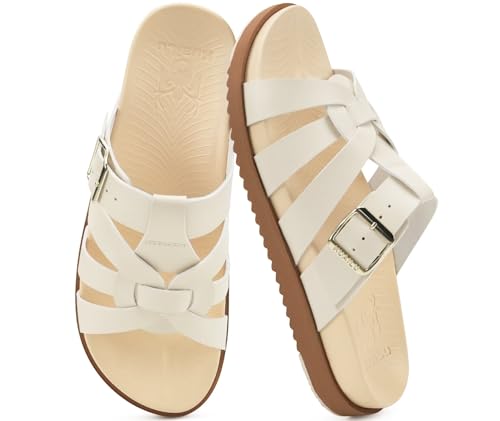 Image of KuaiLu Gladiator Sandals for Women with Comfortable Arch Support Summer Beach Walking Fisherman Slides Boho Outfits Flats Slip on Cushion Shoes Indoor Outdoor