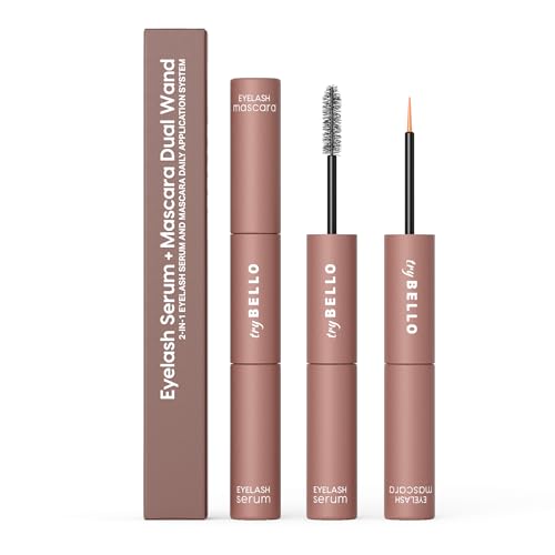 Trybello 2-in-1 Eyelash Growth Serum + Mascara Dual Wand | Natural Lash Growth Booster with Biotin, Peptides & Botanical Extracts | Volumizing, Thickening & Lengthening Formula for Fuller Eyelashes